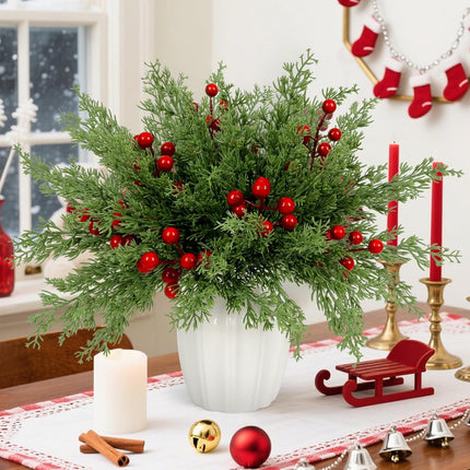 45PCS Artificial Norfolk Pine Branches with Red Berries – DIY Xmas Decor