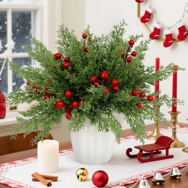 45PCS Artificial Norfolk Pine Branches with Red Berries – DIY Xmas Decor