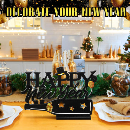 New Year 2026 Wood Table Centerpiece – Black & Gold Glitter Party Sign