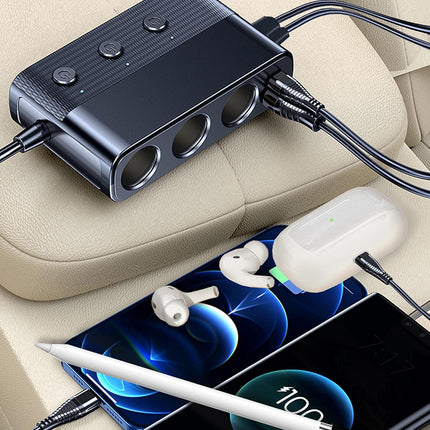 7-1 Car Cigarette Lighter Splitter, 12V/24V, PD30W, QC3.0, USB, Voltage Display