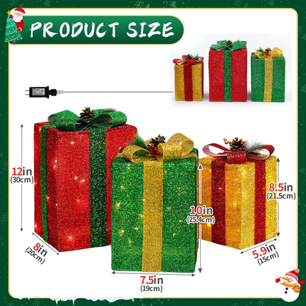3-Piece Tall Rectangular Lighted Christmas Gift Boxes, 60 LED Lights for Festive Decoration