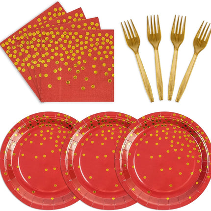 75PCS Red & Gold Party Plates and Napkins Set – Disposable Tableware for 25
