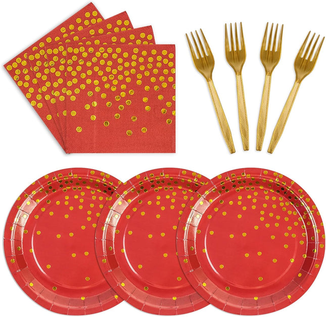 75PCS Red & Gold Party Plates and Napkins Set – Disposable Tableware for 25