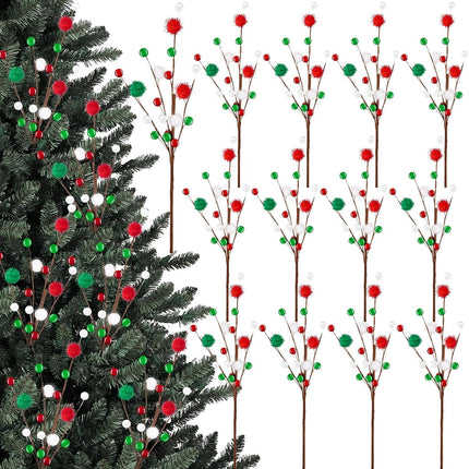 12PCS Christmas Berry Picks with Beads, Red & Green Floral Stems for Tree & Table