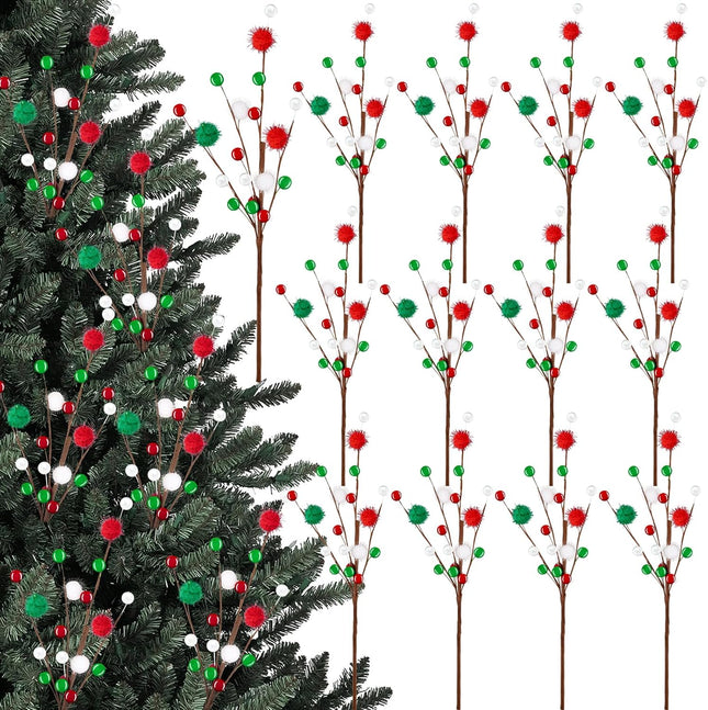 12PCS Christmas Berry Picks with Beads, Red & Green Floral Stems for Tree & Table