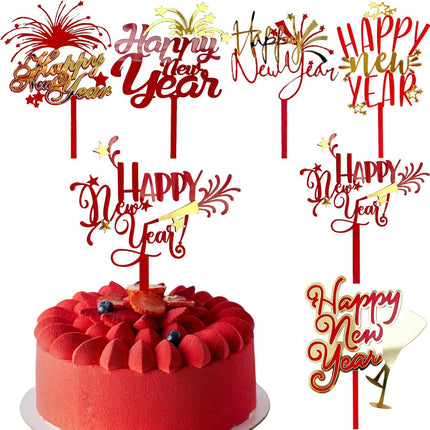 6-Piece 2026 New Year Cake Picks – Red & Gold Acrylic Party Toppers