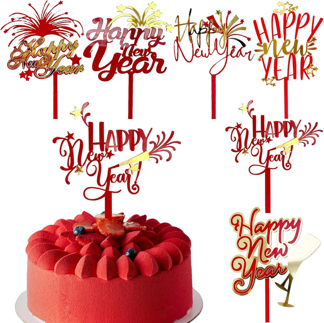 6-Piece 2026 New Year Cake Picks – Red & Gold Acrylic Party Toppers
