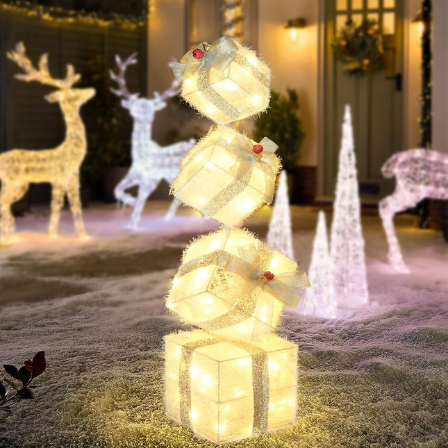 Christmas Lighted Gift Boxes – 4 Stackable Nesting Boxes, 2.8Ft, Battery Timer