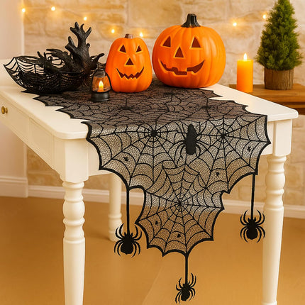 18x72in Halloween Black Lace Table Runner, Spider Web Gothic Mantel & Table Decor