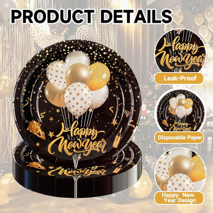 50 PCS New Year 2026 Paper Plates Black & Gold 9" & 7" Disposable Tableware