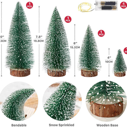 4-Piece Mini Christmas Trees, Bottle Brush with Lights for Holiday Table Decor