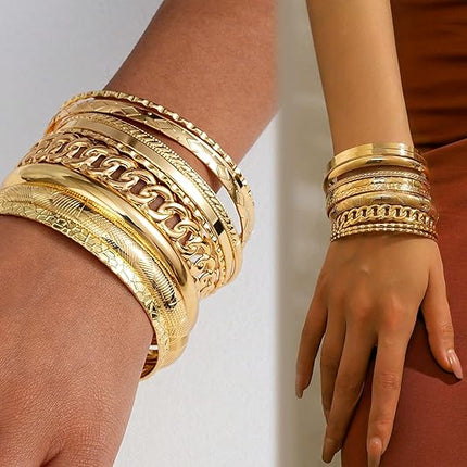 14K Gold Plated Bangles – Women’s Stackable Boho Multi-Layer Set
