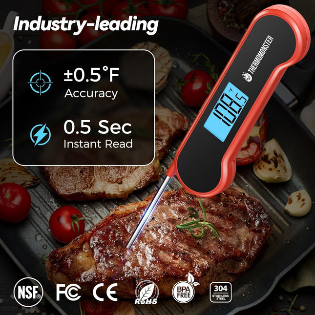 Instant Read Meat Thermometer – 0.5 Sec Digital, ±0.5℉ Precision, Red, for Grill & Cooking
