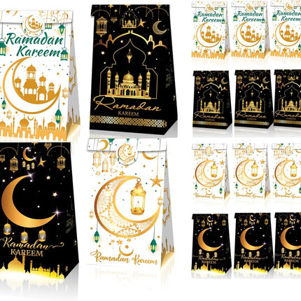 12-Pack Ramadan Gift Bags: Eid Mubarak & Ramadan Kareem Party Favor Bags with Stickers