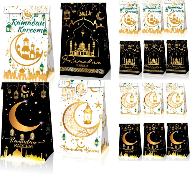 12-Pack Ramadan Gift Bags: Eid Mubarak & Ramadan Kareem Party Favor Bags with Stickers