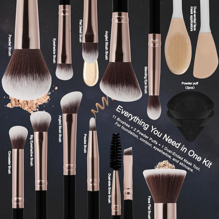 14-Pc Black Makeup Brush Set, Synthetic Foundation, Blush & Eyeshadow Brushes