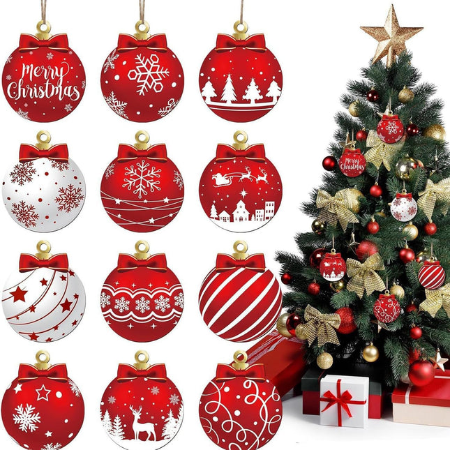 12-Piece Red and White Hanging Wooden Christmas Ball Ornaments – Winter Tree Decorations