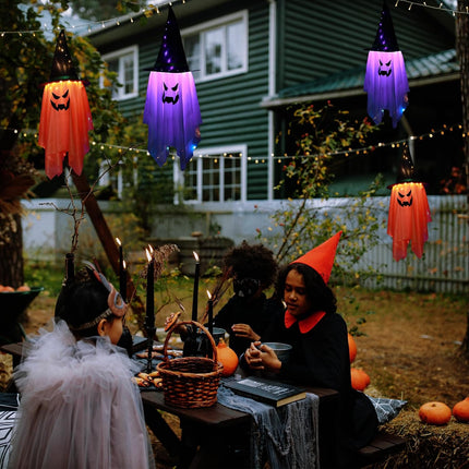 2-Piece Lighted Halloween Ghost Witch Hats, Glowing Hanging Indoor Outdoor Decor