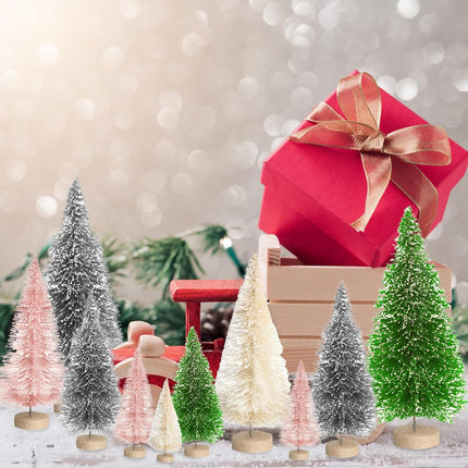 8PCS Mini Christmas Trees – White Bottle Brush Tabletop Trees with Wood Base & Wreaths