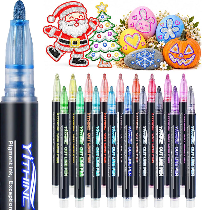 18 Pack Metallic Outline Markers, Glitter Double-Line Pens for Kids Arts and Crafts