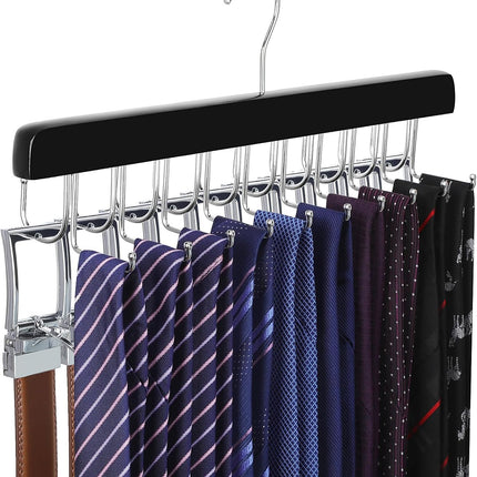 Wooden Belt & Tie Hanger – 2-in-1 Closet Organizer, 20 Hooks, 30 Items