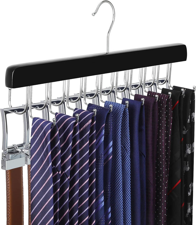 Wooden Belt & Tie Hanger – 2-in-1 Closet Organizer, 20 Hooks, 30 Items