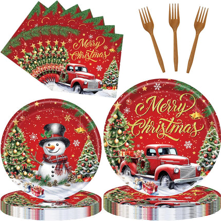 96-Pcs Disposable Christmas Tableware Red Truck & Snowman Themed Party Set