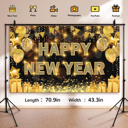 Happy New Year 2026 Backdrop – 71×44in Black & Gold Party Banner