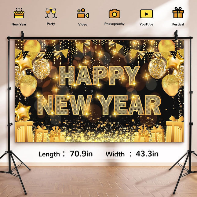 Happy New Year 2026 Backdrop – 71×44in Black & Gold Party Banner