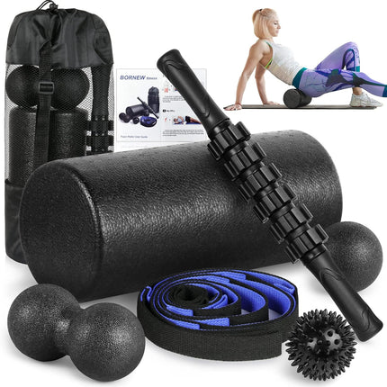Foam Roller Set with Massage Stick, Foot Balls & Stretch Strap for Therapy
