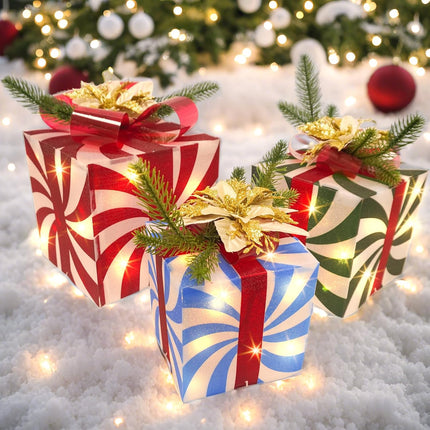 3 Christmas Lighted Gift Boxes 60 LED Lights with Red Bow Holiday Decor & Gift Wrapping