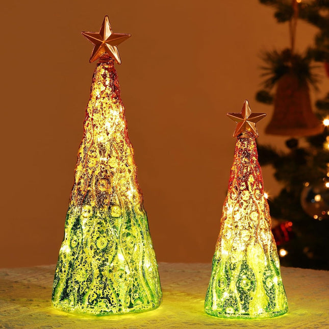 2PCS Glass Christmas Trees – Mercury Tabletop Trees with Lights & Battery