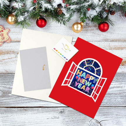 3D Pop-Up Happy New Year Card Fireworks Balloons Festive Greeting