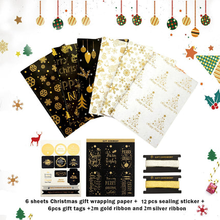 6 Sheets Christmas Wrapping Paper – Black & Gold Snowflake Elk Gift Set