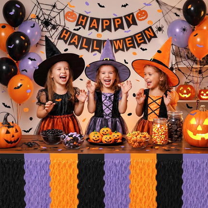 2-Pack Halloween Foil Table Skirts, Orange Purple Black Wavy Party Table Decor