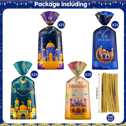 100PCS Ramadan Goodie Bags Eid Mubarak Gift Bags with Gold Twist Ties
