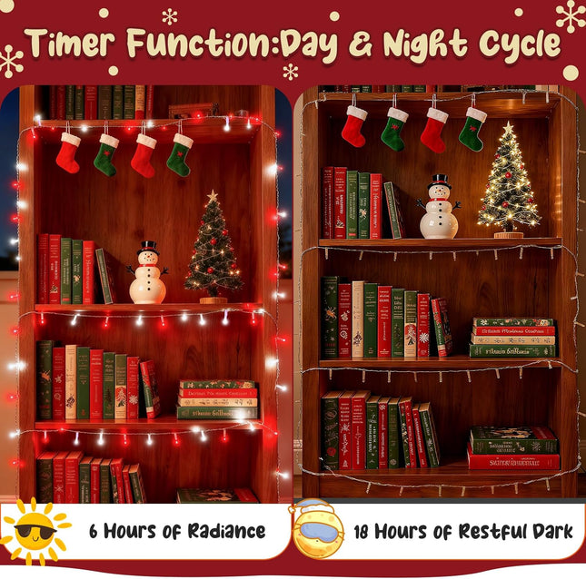 Red White Xmas String Lights – Waterproof Battery Operated Holiday Decor