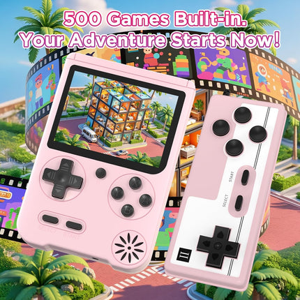 Portable Mini Gaming Console, 500 Games, 3” IPS Display, Pink Electronic Toy
