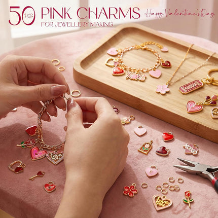 Gold-Plated XOXO & Rose Heart Charms for DIY Jewelry: 50pcs Jump Rings Included