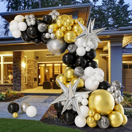New Year 2026 Balloon Arch Kit Black Gold Silver White Star Party Decorations