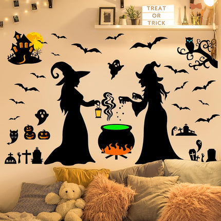 Large Halloween Wall Decals, Removable Vinyl Witch Bat Pumpkin Stickers for Decor