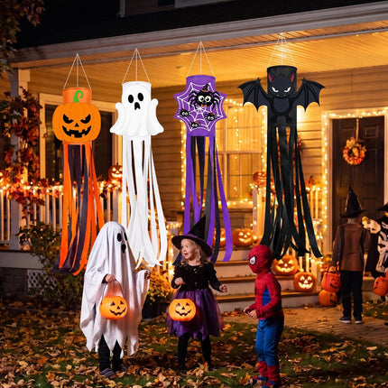4-Piece Halloween Windsocks, Ghost Pumpkin Spider Bat Hanging Porch & Yard Decor
