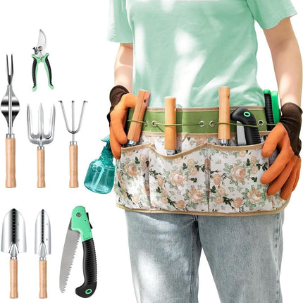 10-Piece Stainless Steel Garden Tools Set with Wooden Handles & Pruners