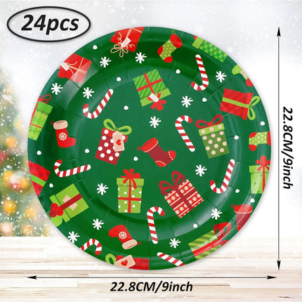 24PCS Xmas Paper Plates – Round 9" Snowflake & Gift Box Print Party Plates