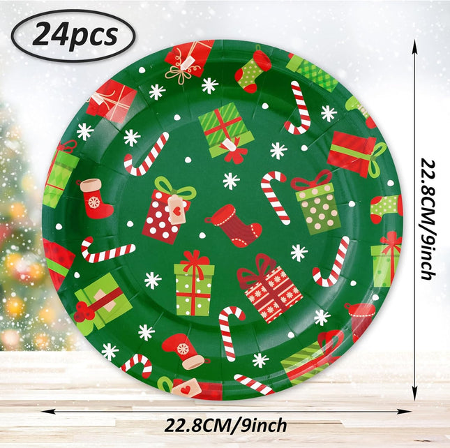 24PCS Xmas Paper Plates – Round 9" Snowflake & Gift Box Print Party Plates