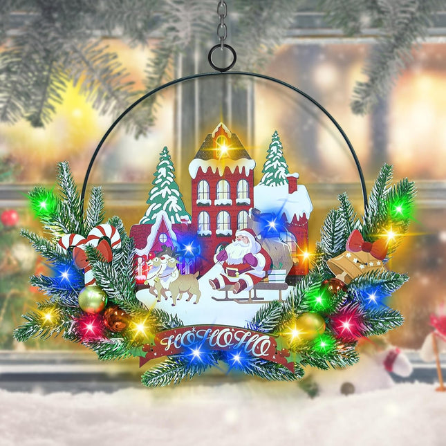 Christmas Front Door Wreath with Lights – Santa Welcome Sign, 30 LEDs