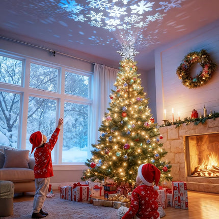Christmas Tree Topper Silver Snowflake Projector, LED Rotating Snowflake Holiday Magic