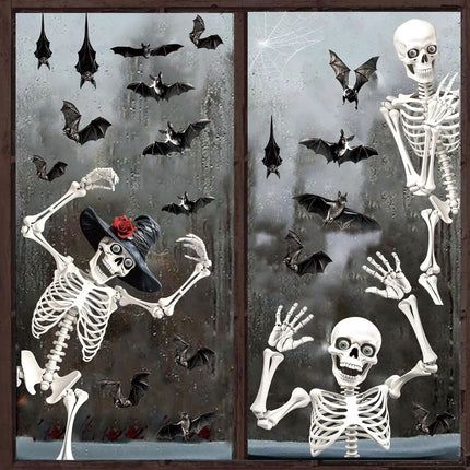 4-Sheet Extra Large Halloween Window Clings, Skeleton & Bat Stickers for Decor