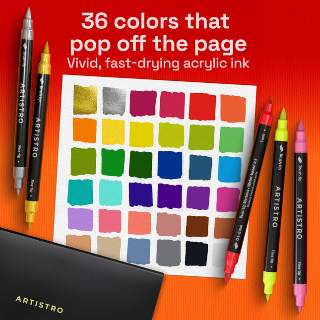36 Acrylic Paint Markers – Brush & Fine Tips for DIY, Fabric, Rock & Glass