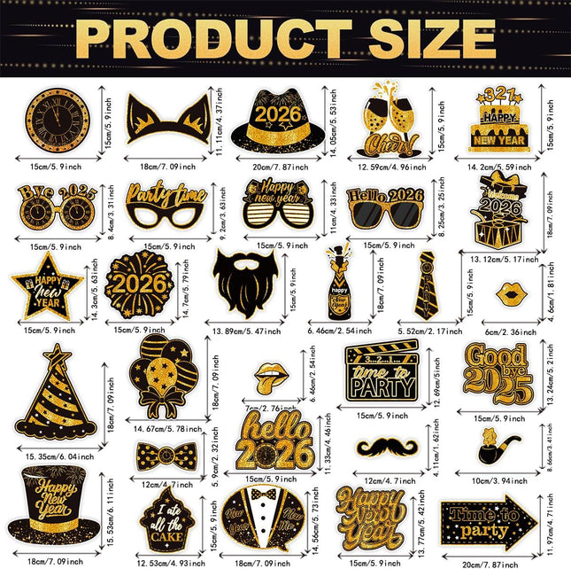 30-Piece Happy New Year 2026 Photo Booth Props – NYE Party Favors
